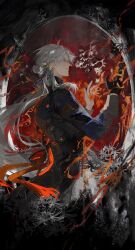 1boy arched_back black_coat black_gloves blade_(honkai:_star_rail) burning coat dichlorvos fire floating_hair flower gloves hair_between_eyes hair_bun hair_ornament hairpin hands_up hashtag-only_commentary highres honkai:_star_rail honkai_(series) long_hair looking_at_hands male_focus monochrome_background open_hands portal_(object) serious solo spider_lily standing very_long_hair white_hair yingxing_(honkai:_star_rail)