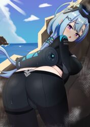 1girl absurdres beach blue_hair blue_sky bodysuit breasts cameltoe diving_suit goggles goggles_on_head griseo griseo_(cosmic_expression) griseo_(star-speckled_blue) highres honkai_(series) honkai_impact_3rd large_breasts long_hair looking_at_another looking_at_viewer looking_back ng1sh8 outdoors purple_eyes sky solo twintails very_long_hair water wetsuit