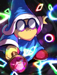 1boy absurdres black-framed_eyewear blue_hat blue_robe colored_skin fangs glasses hat highres holding holding_staff magic magikoopa male_focus mario_(series) nintendo robe round_eyewear sasaki_sakiko solo staff yellow_skin