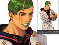 Rule 34 | 1boy, adobe photoshop, atalajoestar, black hood, brown eyes, commission, green hair, green lips, green nails, hair ornament, hairclip, higashikata jobin, holding, hood, hood down, jacket, jojo no kimyou na bouken, jojolion, male focus, pants, scar, scar across eye, scar on face, scissors, short hair, solo, spiked clothes, spiked jacket, spiked pants, spikes, teeth, white background, white jacket, white pants