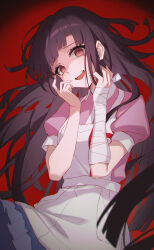 Rule 34 | 1girl, absurdres, apron, bandaged arm, bandages, brown eyes, brown hair, commentary request, cowboy shot, danganronpa (series), danganronpa 2: goodbye despair, evil smile, floating hair, grey skirt, hands up, highres, long hair, looking at viewer, open mouth, pink shirt, pleated skirt, puffy short sleeves, puffy sleeves, red background, shali, shirt, short sleeves, simple background, skirt, smile, solo, tsumiki mikan, white apron