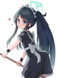 1girl absurdres apron aqua_halo aris_(blue_archive) aris_(maid)_(blue_archive) back_bow between_legs black_dress black_hair black_wrist_cuffs blue_archive blue_eyes blush bow broom closed_mouth commentary dated_commentary dress frilled_apron frilled_dress frills from_behind halo heart high_ponytail highres holding holding_broom leaning_forward loli long_hair long_sidelocks looking_at_viewer looking_back maid maid_apron maid_headdress official_alternate_costume official_alternate_hairstyle parted_bangs ponytail puffy_short_sleeves puffy_sleeves rate_aato rectangular_halo short_sleeves sidelocks simple_background smile solo split_mouth turning_head very_long_hair white_apron white_background white_bow white_headdress wrist_cuffs