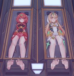 2girls absurdres barefoot blonde_hair blush breasts circlet cleavage cleavage_cutout clothing_cutout core_crystal_(xenoblade) dress elbow_gloves feet galiter07 gloves highres long_hair looking_at_viewer lying medium_breasts medium_hair multiple_girls mythra_(xenoblade) on_back open_mouth panties pyra_(xenoblade) red_eyes red_hair red_shorts restrained shorts soles spread_toes swept_bangs toes underwear white_dress white_gloves white_panties xenoblade_chronicles_(series) xenoblade_chronicles_2 yellow_eyes