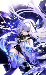 1girl breasts dress dutch_angle elbow_gloves foot_out_of_frame genshin_impact gloves hair_intakes hair_ornament highres large_breasts long_hair looking_at_viewer pink_eyes purple_gloves purple_thighhighs skirk_(genshin_impact) solo standing standing_on_one_leg thighhighs torn_clothes torn_thighhighs veryslow_zzzpin white_dress white_hair