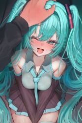1boy 1girl ;d aqua_eyes aqua_hair aqua_necktie aqua_trim black_skirt black_sleeves blush breasts commentary_request detached_sleeves double-parted_bangs grey_shirt hair_between_eyes hair_intakes hatsune_miku highres kanimiso_uni long_hair loose_necktie medium_breasts necktie one_eye_closed open_mouth own_hands_together petting pleated_skirt shirt sitting skirt smile thighs twintails vocaloid