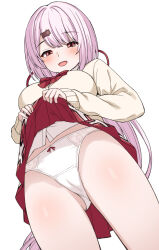 1girl blush bow bowtie breasts cardigan clothes_lift furuno_(furuno132nw) gluteal_fold hair_ornament hair_ribbon hairclip highres large_breasts lifting_own_clothes long_hair long_sleeves nijisanji open_mouth panties pink_eyes pink_hair red_bow red_bowtie red_ribbon red_skirt ribbon shiina_yuika shiina_yuika_(1st_costume) shirt simple_background skirt skirt_lift smile solo teeth thighs underwear upper_teeth_only virtual_youtuber white_background white_panties white_shirt yellow_cardigan