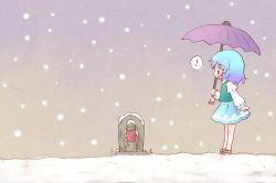 ! 1girl aqua_vest arinu blue_hair blue_skirt blush female_focus geta jizou juliet_sleeves long_sleeves puffy_long_sleeves puffy_sleeves purple_umbrella red_eyes short_hair skirt snow snowing solo spoken_exclamation_mark tatara_kogasa touhou umbrella vest