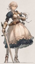 1girl absurdres armor belt boots gauntlets green_eyes grey_hair hair_ribbon high_heel_boots high_heels highres holding holding_sword holding_weapon long_hair long_skirt looking_at_viewer maeka_(kumaekake) original pauldrons ribbon scabbard sheath shoulder_armor single_pauldron skirt solo sword weapon white_background