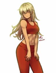 1girl ;) blonde_hair breasts cleavage commentary dark-skinned_female dark_skin english_commentary fire_emblem fire_emblem:_the_binding_blade hands_on_own_thighs highres igrene_(fire_emblem) long_hair medium_breasts navel nintendo one_eye_closed pants red_pants red_sports_bra rotomdocs smile solo sports_bra yellow_eyes yoga_pants