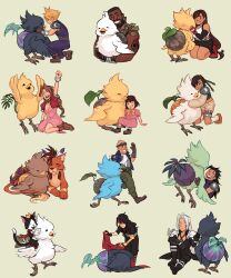 4girls 6+boys aerith_gainsborough armor barret_wallace bracelet cait_sith_(final_fantasy) chocobo cid_highwind cloud_strife final_fantasy final_fantasy_vii final_fantasy_vii_rebirth final_fantasy_vii_remake happy highres hug jewelry marlene_wallace multiple_boys multiple_girls petting red_xiii riding sephiroth shoulder_armor smile tifa_lockhart vincent_valentine yinza yuffie_kisaragi zack_fair