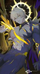 1boy abs alternate_form asymmetrical_wings bare_pectorals black_background black_shirt black_wings blonde_hair bulge chinese_commentary commentary commentary_request cowboy_shot cracked_skin english_commentary hair_between_eyes halo halo_behind_head highres honkai:_star_rail honkai_(series) large_pectorals looking_at_viewer male_focus material_growth mixed-language_commentary muscular muscular_male pectorals phainon_(honkai:_star_rail) rai11iy shirt short_hair simple_background solo torn_clothes torn_shirt wings yellow_blood yellow_eyes yellow_wings