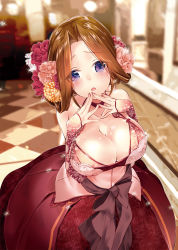 1girl 218 bare_shoulders breasts brown_hair cleavage female_focus flower hair_flower hair_ornament highres large_breasts looking_at_viewer open_mouth original purple_eyes solo tears