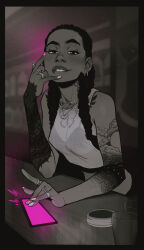 1girl arm_tattoo bar_(place) biting_own_lip black_bra black_hair bra bra_visible_through_clothes cellphone chest_tattoo crop_top dark-skinned_female dark_skin earrings face_piercing fingernails haylee_(incase) highres incase jewelry kinky_hair limited_palette lips long_hair looking_at_viewer narrowed_eyes nose_piercing original phone piercing raised_eyebrow ring smartphone solo tank_top tattoo teeth underwear upper_teeth_only