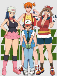 1boy 3girls adapted_costume age_difference aged_up ash_ketchum asymmetrical_hair bandana bare_legs baseball_cap beanie bike_shorts black_hair blue_eyes blue_hair blush boots breasts brown_hair cleavage cowboy_shot curvy dawn_(pokemon) denim denim_shorts glamour_works gloves green_eyes green_hair gym_leader hair_ornament hat height_difference hetero highres huge_breasts large_breasts legs legs_together lento lento_(glamour_works) long_hair looking_at_viewer may_(pokemon) miniskirt misty_(pokemon) multiple_girls navel nintendo nipples onee-shota open_mouth orange_hair pants pink_footwear pokemon pokemon_(anime) pokemon_(classic_anime) pokemon_dppt_(anime) pokemon_rse_(anime) ponytail red_hair red_scarf scarf shirt shoes short_hair short_shorts shorts side_ponytail simple_background size_difference skirt sleeveless smile sneakers socks standing suspenders tank_top thick_thighs thighs underboob underwear unzipped wide_hips yellow_shirt yellow_tank_top
