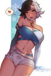 1girl artist_name asymmetrical_gloves black_eyes black_gloves black_hair blue_eyes breasts choker cleavage elbow_gloves gloves heart heterochromia himmely large_breasts looking_at_viewer luna_snow marvel marvel_rivals midriff mismatched_gloves multicolored_hair navel pendant_choker short_hair short_shorts shorts solo speech_bubble split-color_hair two-tone_hair white_choker white_gloves white_hair white_shorts