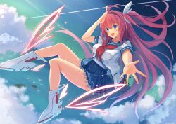 Rule 34 | 1girl, :d, absurdres, ankle wings, antenna hair, ao no kanata no four rhythm, bird, blue eyes, blue sailor collar, blue skirt, blue sky, blush, boots, breasts, cloud, commentary request, contrail, day, energy wings, floating hair, flying, full body, hair between eyes, hair intakes, hair ornament, hand up, happy, highres, kurashina asuka, large breasts, long hair, looking at viewer, miniskirt, neckerchief, ocean, one side up, open mouth, outdoors, pink hair, pleated skirt, red neckerchief, sailor collar, salute, school uniform, seagull, seiyagasa, serafuku, shirt, short sleeves, skirt, sky, smile, solo, tareme, thighs, very long hair, white boots, white shirt, wing hair ornament, winged footwear, wings