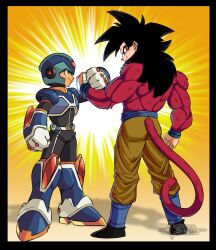 2boys android armor black_hair blue_armor blue_boots blue_eyes blue_helmet body_fur boots crossover dragon_ball dragon_ball_gt forehead_jewel full_body green_eyes helmet highres long_hair male_focus mega_man_(series) mega_man_x:_command_mission mega_man_x_(series) monkey_tail multiple_boys new_armor_x_(mega_man) pants profile red_fur red_tail son_goku spiked_hair standing super_saiyan super_saiyan_4 tail unknownersirius x_(mega_man) yellow_pants
