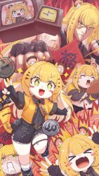 &gt;_&lt; +_+ animal_ear_fluff animal_ears black_gloves bow chibi eating elbow_gloves fat fingerless_gloves gloves green_eyes high-waist_shorts highres ju_fufu kurone_sc muscular punching shirt shorts smile striped_fur tail tail_bow tail_ornament television thigh_strap tiger_ears tiger_girl tiger_stripes tiger_tail yellow_fur zenless_zone_zero