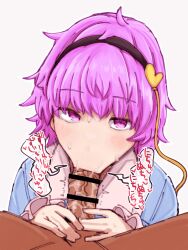 1boy 1girl :&gt;= absurdres bar_censor black_hairband blackstick128 blue_shirt blush censored collared_shirt commentary_request dark-skinned_male dark_skin erection fellatio frilled_sleeves frills hairband hands_on_penis heart hetero highres komeiji_satori long_sleeves looking_at_viewer messy_hair motion_lines oral penis pink_eyes pink_hair pov pov_crotch saliva shirt short_hair simple_background sound_effects sweat touhou translation_request twitching_penis veins veiny_penis