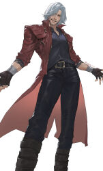 1boy beard_stubble belt belt_buckle black_belt black_gloves black_pants black_shirt blue_eyes boots buckle coat collared_coat collared_shirt curtained_hair dante_(devil_may_cry) devil_may_cry_(series) devil_may_cry_5 facial_hair feet_out_of_frame fingerless_gloves gloves grin highres looking_down luckytea_777 male_focus one_eye_covered open_clothes open_coat open_collar pants red_coat shirt simple_background sleeves_rolled_up smile solo standing stubble teeth twitter_username unzipped white_background white_hair zipper