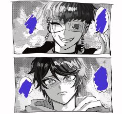 2boys blush bridge_piercing closed_eyes closed_mouth earrings eyepatch face_piercing frown greyscale hair_between_eyes highres jewelry lip_piercing male_focus messy_hair monochrome multiple_boys omokage_yugamu one_eye_covered open_mouth piercing smile sumino_takumi teeth the_hundred_line_-last_defense_academy- upper_body white_background