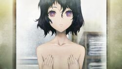 1girl after_bathing androgynous bathroom black_hair bob_cut clenched_teeth collarbone completely_nude covering_chest covering_nipples covering_privates fingernails flat_chest game_cg hair_between_eyes highres huke looking_at_mirror looking_at_viewer mirror nude official_art parted_lips pink_eyes reflection ringed_eyes solo solo_focus square_pupils standing steins;gate steins;gate:_linear_bounded_phenogram teeth urushibara_ruka water_drop wet wet_hair