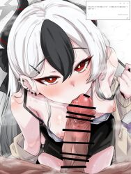 1boy 1girl bar_censor black_dress black_hair blue_archive breasts censored demon_girl demon_horns dress ear_piercing fellatio grey_halo grey_jacket halo hetero highres horns jacket kayoko_(blue_archive) kayoko_(dress)_(blue_archive) licking licking_penis long_hair looking_at_viewer machismo_fuji multicolored_hair nipples oral penis piercing pov pov_crotch red_eyes request_inset saliva small_breasts translation_request two-tone_hair veins veiny_penis white_hair