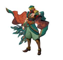 1boy armor boots brown_boots cape clenched_hand fire_emblem fire_emblem:_the_sacred_stones fire_emblem_heroes full_body green_cape green_pants joshua_(fire_emblem) joshua_(resolute_tempest)_(fire_emblem) long_hair nintendo official_art okuma_yuugo pants pauldrons red_cape red_hair shoulder_armor single_pauldron solo two-tone_cape