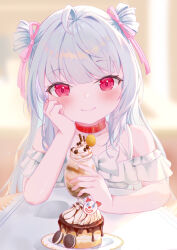 Rule 34 | 1girl, ahoge, blurry, blurry background, cake, chinese commentary, collar, commentary request, double bun, food, frilled shirt, frills, glass, hair bun, hair intakes, hair ribbon, head tilt, highres, ice cream, oreo, original, pov, red collar, red eyes, ribbon, shirt, sishisi, smile, solo, sundae, table, white hair
