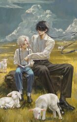 2boys absurdres aged_down animal animal_ears animal_nose belt black_belt black_hair black_pants black_shoes black_socks blue_pants book breast_pocket child closed_mouth cloud cloudy_sky collared_shirt day fingernails floating_hair full_body goat goat_ears goat_tail grass grey_eyes grey_sky hair_between_eyes hair_ornament heterochromia highres holding holding_book long_hair long_sleeves looking_at_another low_ponytail male_rover_(wuthering_waves) multicolored_hair multiple_boys open_book open_mouth outdoors pants pocket pointing ponytail puffy_long_sleeves puffy_sleeves red_eyes red_hair rock rover_(wuthering_waves) scar_(wuthering_waves) shirt shoes short_hair sitting sky socks suspenders teeth two-tone_hair white_hair white_shirt white_socks wuthering_waves xxxworldhahaha yellow_eyes