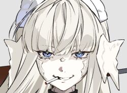 Rule 34 | 1girl, au ra, blue eyes, cigarette, final fantasy, final fantasy xiv, grin, horns, looking at viewer, maid, maid headdress, millimetre 0, monster girl, mouth hold, portrait, scales, smile, solo, warrior of light (ff14)