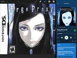 Rule 34 | 2girls, bingi, black hair, blue eyes, blue eyeshadow, closed mouth, cover, ergo proxy, evanescence, expressionless, eyeshadow, fallen (evanescence), handheld game console, highres, long hair, looking at viewer, makeup, multiple girls, nintendo ds, re-l mayer, spotify, swept bangs, video game cover