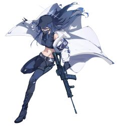 1girl absurdres assault_rifle baseball_cap black_gloves black_hat black_mask blue_archive blue_halo buckle chest_harness coat colored_inner_hair commentary_request devid_(devis515333) floating_clothes floating_hair full_body gloves gun halo harness hat highres holding holding_gun holding_weapon jumping knife_sheath long_hair looking_at_viewer mask mouth_mask multicolored_hair navel rifle saori_(blue_archive) sheath shirt sig_516 sig_sauer simple_background sleeveless sleeveless_shirt snap-fit_buckle solo standing standing_on_one_leg thigh_sheath weapon white_background white_coat