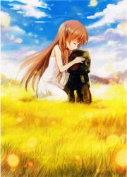 Rule 34 | 00s, 1girl, blue sky, brown hair, clannad, closed eyes, cloud, day, dress, female focus, field, from side, garbage doll, girl from the illusionary world, highres, long hair, non-web source, outdoors, profile, robot, sky, sleeveless, sleeveless dress, solo, sparkle, sundress, white dress, yuhazu, yuhazu (rhe-rhe)