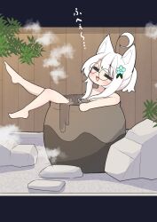 1girl :d =_= absurdres animal_ear_fluff animal_ears barefoot blue_flower blush closed_eyes commentary_request flower glasses hair_flower hair_ornament highres nude open_mouth original outdoors partially_submerged round_eyewear saisoku_no_yukkuri sidelocks smile solo steam translation_request water white_hair