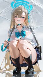 1girl absurdres ass asuna_(blue_archive) black_choker black_shoes black_socks blue_archive blue_eyes blue_halo blue_nails blue_ribbon blue_skirt bra bra_visible_through_clothes breasts brown_hair chan_(dlgkal123) choker cleavage collared_shirt crotch_seam grin hair_ribbon halo highres holding holding_umbrella huge_breasts long_hair long_sleeves looking_at_viewer nail_polish outdoors panties pantyshot pleated_skirt rain ribbon school_uniform see-through_clothes see-through_shirt shirt shoes skirt sleeves_rolled_up smile socks solo squatting thighs umbrella underwear very_long_hair water water_drop wet wet_clothes wet_shirt white_bra white_panties white_shirt