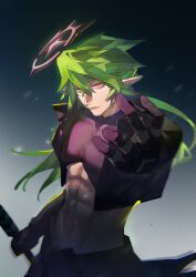 1boy abs absurdres aotu_world belt bishounen black_gloves black_jacket black_shirt chinese_commentary closed_mouth covered_collarbone crop_top cropped_jacket gloves gradient_background green_hair hair_between_eyes halo highres holding holding_sword holding_weapon jacket light_particles long_hair looking_at_viewer low_ponytail maggot92589 male_focus midriff multicolored_eyes navel open_clothes pectorals pointy_ears ponytail reaching reaching_towards_viewer red_eyes shirt skin_tight solo stomach sword toned toned_male vignetting waist_cape weapon xander_(aotu_world) yellow_eyes