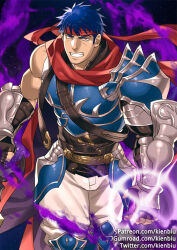 Rule 34 | 1boy, armor, aura, blue hair, clenched teeth, dark aura, fire emblem, fire emblem: radiant dawn, fire emblem heroes, gumroad username, headband, holding, holding sword, holding weapon, ike (fire emblem), ike (zeal unleashed) (fire emblem), kienbiu, looking at viewer, male focus, nintendo, paid reward available, patreon username, red eyes, red headband, short hair, solo, sword, teeth, twitter username, weapon