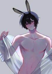 1boy animal_ears black_hair blush dress_shirt heart heart_in_eye highres limbus_company male_focus naked_shirt navel no_nipples parted_lips project_moon rabbit_boy rabbit_ears shirt short_hair solo stomach symbol_in_eye undressing white_shirt yi_sang_(project_moon) zero_letter