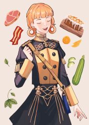 1girl absurdres annette_fantine_dominic bacon bag black_skirt blonde_hair buttons closed_eyes double-breasted fire_emblem fire_emblem:_three_houses food fruit garreg_mach_monastery_uniform hair_rings highres leaf nintendo open_mouth orange_(fruit) orange_slice pie ponzuponta39 shoulder_bag skirt solo steak teeth upper_teeth_only zucchini_(vegetable)