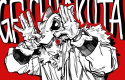 1boy 32soulll facepaint fang gachiakuta gloves greyscale highres hood hoodie looking_at_viewer male_focus monochrome paper_cutout red_background red_eyes ringed_eyes rudo_surebrec shirt simple_background solo spiked_hair spot_color wolf_hat