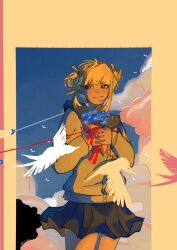 1girl bird blonde_hair blush boku_no_hero_academia double_bun fang fang_out flower golden_hour hair_bun highres holding holding_flower mask ruanqiuzz school_uniform skirt smile solo sweater_vest toga_himiko yellow_flower