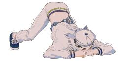 1boy all_fours black_hair blush closed_eyes clothes_lift dixie_cup_hat fishnet_top fishnets hat higashikata_josuke_(jojolion) highres inanashil jack-o&#039;_challenge jojo_no_kimyou_na_bouken jojolion male_focus male_underwear male_underwear_peek military_hat sailor shirt_lift shoes short_hair sneakers solo sweatdrop top-down_bottom-up trembling underwear very_short_hair