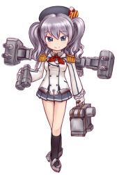 Rule 34 | 1girl, binoculars, black hat, black socks, blue eyes, blush, bow, bowtie, breasts, cannon, epaulettes, gloves, gouchin (nyou-tou), grey hair, grey shirt, grey shoes, grey skirt, hat, hat ornament, holding, holding binoculars, jacket, kantai collection, kashima (kancolle), long hair, long sleeves, looking at viewer, medium breasts, red bow, red bowtie, school uniform, serafuku, shirt, shoes, shoulder cannon, skirt, smile, socks, standing, twintails, white background, white gloves, white jacket