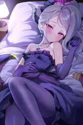 1girl absurdres bare_shoulders bed_sheet black_halo black_horns blue_archive blush demon_horns demon_wings dress elbow_gloves gloves grey_hair halo head_on_pillow highres hina_(blue_archive) hina_(dress)_(blue_archive) horns indoors loli looking_at_viewer lying multiple_horns official_alternate_costume official_alternate_hairstyle on_back on_bed pantyhose pillow purple_dress purple_eyes purple_gloves purple_pantyhose sak_(lemondisk) strapless strapless_dress wings