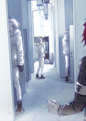 Rule 34 | 6+boys, absurdres, aotsuki eito, armband, black gloves, black shoes, blue eyes, breast pocket, chinese commentary, clone, facial recognition, glasses, gloves, grey hair, hallway, highres, jacket, last defense academy school uniform, looking at another, male focus, multiple boys, out of frame, pants, pocket, red hair, school uniform, shoes, short hair, shuimu guan, smile, spoilers, sumino takumi, the hundred line -last defense academy-, white armband, white gloves, white jacket, white pants