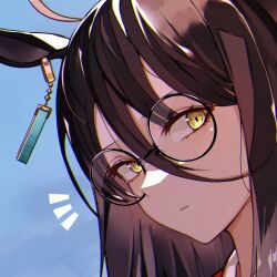 Rule 34 | 1girl, animal ears, black-framed eyewear, black hair, close-up, glasses, hair between eyes, highres, horse ears, long bangs, long hair between eyes, manhattan cafe (umamusume), ringed eyes, round eyewear, sas (ls08b), solo, umamusume, upper body, yellow eyes