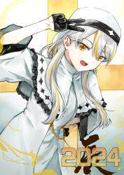 1girl 2024 arm_up black_gloves brown_eyes commentary_request cross cross-shaped_pupils fang gloves grey_hair half_gloves hand_on_own_hip long_hair long_sleeves looking_at_viewer multicolored_hair open_mouth orange_hair original pageratta robe solo streaked_hair symbol-shaped_pupils v veil very_long_hair white_robe wide_sleeves