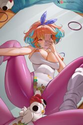 1girl areola_slip bird blue_hair blue_hairband breasts cellphone chicken cleavage commentary convenient_censoring covering_face english_commentary floral_print from_below greatodoggo hair_ribbon hairband highres holding holding_phone hololive hololive_english kfp_employee_(takanashi_kiara) large_breasts leotard looking_at_viewer loose_socks mirror navel official_alternate_costume official_alternate_hairstyle orange_hair pantyhose phone pink_eyes print_leotard purple_pantyhose reflection ribbon selfie smartphone smile socks solo strap_slip takanashi_kiara takanashi_kiara_(fever_night) thighs virtual_youtuber white_leotard white_socks