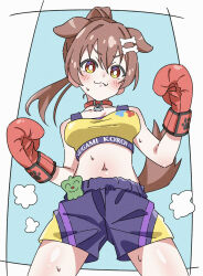 1girl :3 animal_ears bell_pepper blue_background blush bone_hair_ornament bone_print boxing_gloves brown_hair character_name collar dog_ears dog_girl dog_tail fang flower_035 gloves green_pepper hair_ornament hairclip highres hololive inugami_korone looking_at_viewer midriff multicolored_legwear navel purple_shorts purple_sports_bra red_collar red_eyes red_gloves shorts solo sports_bra sweat tail two-tone_sports_bra virtual_youtuber white_background yellow_shorts yellow_sports_bra